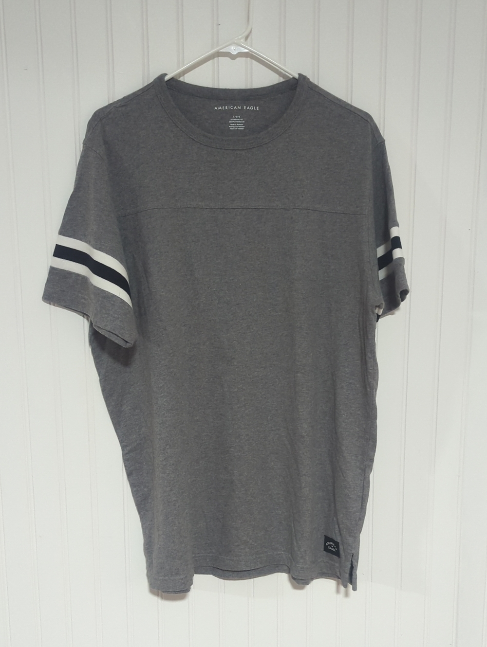 American Eagle Outfitters Gray Short-Sleeve Crew with Sleeve Stripes
